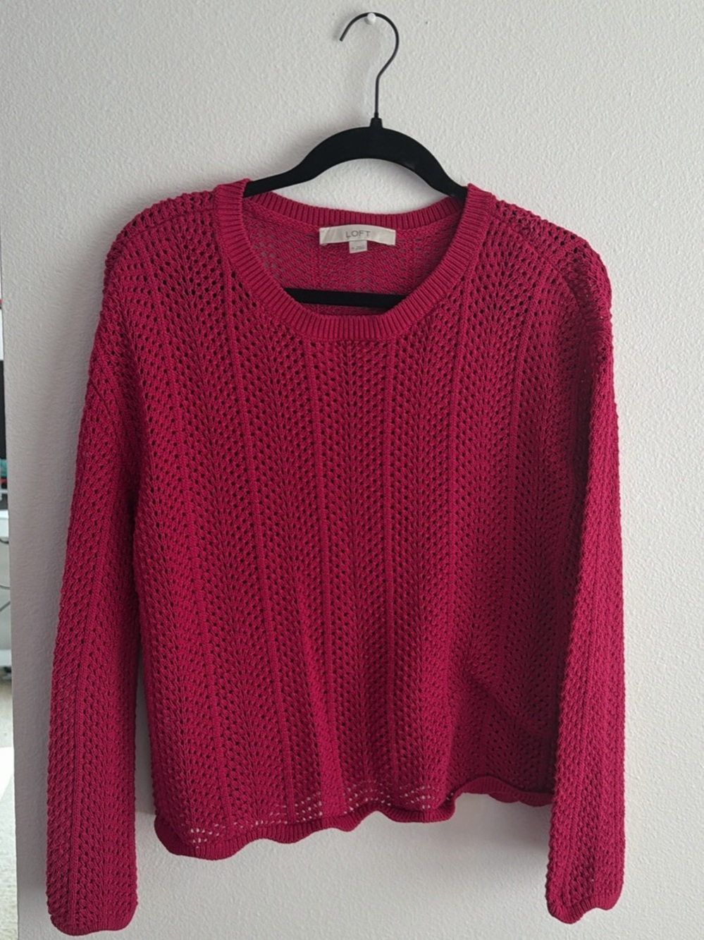 LOFT Pink Open-Knit Crewneck Sweater